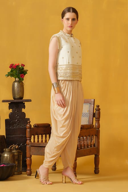 Buy_Abstract By Megha Jain Madaan_Beige Silk, Cotton Beads, Diamonds Mandarin Embellished Jacket With Dhoti Pant 