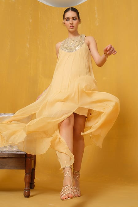 Abstract By Megha Jain Madaan_Yellow Silk, Chiffon, Jersey Pearls, Sequins, Beads Round Neck Embellished Dress _Online_at_Aza_Fashions