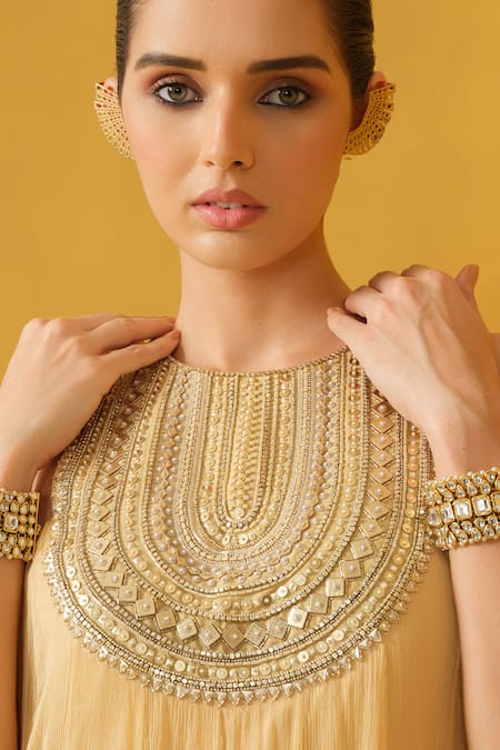 Buy_Abstract By Megha Jain Madaan_Yellow Silk, Chiffon, Jersey Pearls, Sequins, Beads Round Neck Embellished Dress _Online_at_Aza_Fashions