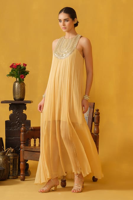 Shop_Abstract By Megha Jain Madaan_Yellow Silk, Chiffon, Jersey Pearls, Sequins, Beads Round Neck Embellished Dress _Online_at_Aza_Fashions