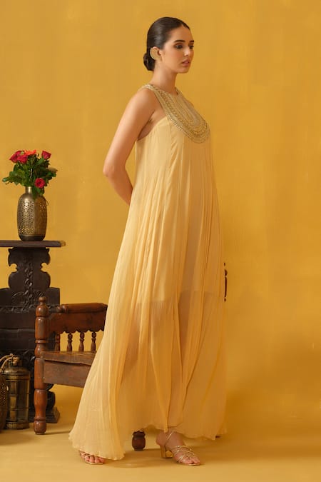 Abstract By Megha Jain Madaan_Yellow Silk, Chiffon, Jersey Pearls, Sequins, Beads Round Neck Embellished Dress _at_Aza_Fashions