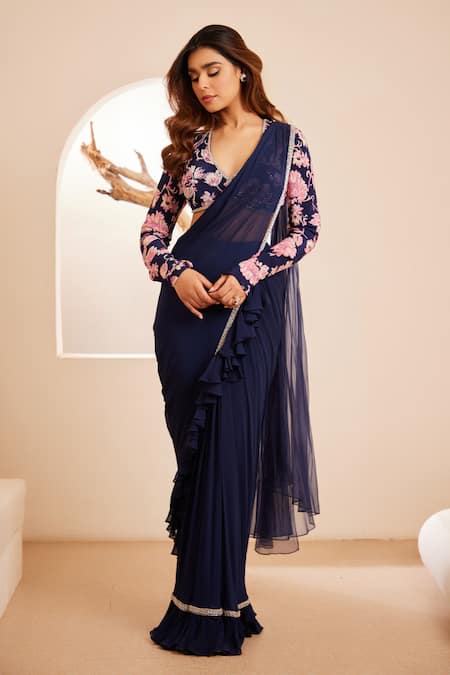 Dheeru Taneja Fatima Ruffle Embroidered Pre-Draped Saree With Blouse 