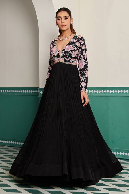 Dheeru Taneja_Black Crepe, Georgette, Linen Firdaus Printed Yoke Anarkali With Dupatta _Online_at_Aza_Fashions