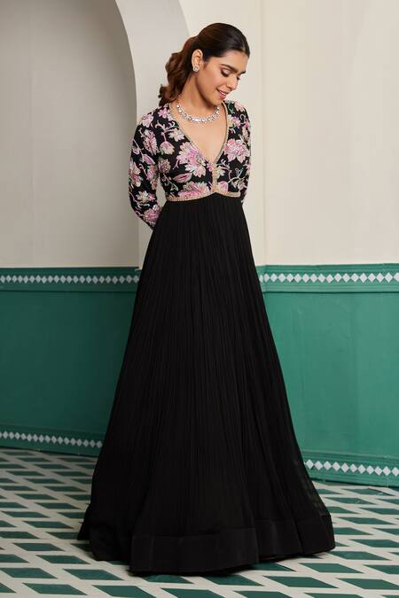 Buy_Dheeru Taneja_Black Crepe, Georgette, Linen Firdaus Printed Yoke Anarkali With Dupatta _Online_at_Aza_Fashions