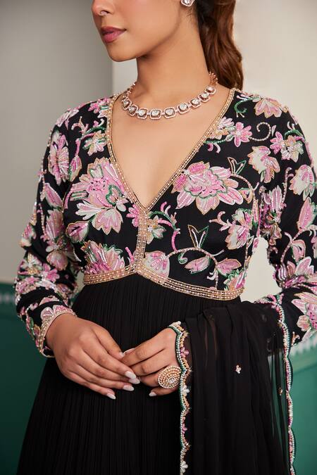 Shop_Dheeru Taneja_Black Crepe, Georgette, Linen Firdaus Printed Yoke Anarkali With Dupatta _Online_at_Aza_Fashions