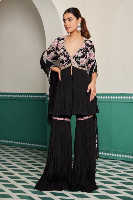 Dheeru Taneja Black Georgette Embroidered Cutdana V Neck Padmini Peplum Kurta Sharara Set 