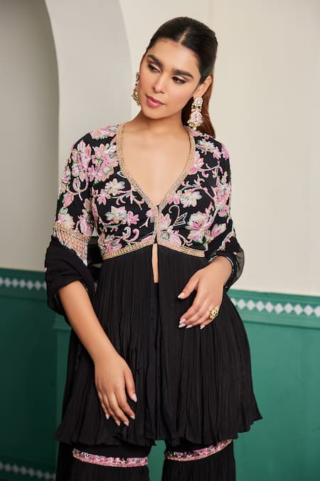Buy_Dheeru Taneja_Black Crepe, Georgette Crystals, Padmini Embroidered Peplum Kurta Sharara Set _Online_at_Aza_Fashions