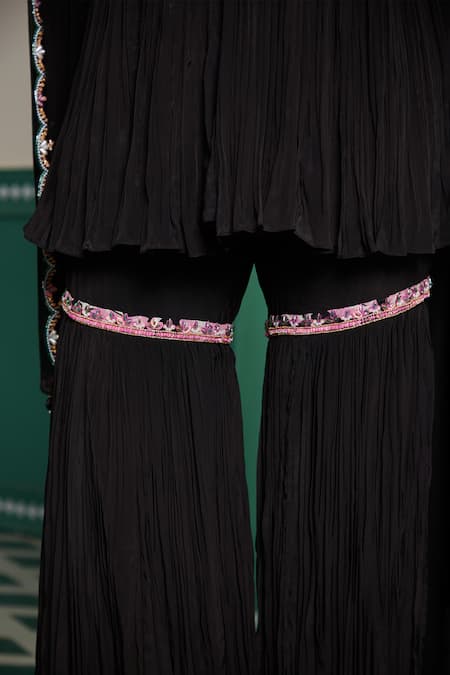 Shop_Dheeru Taneja_Black Crepe, Georgette Crystals, Padmini Embroidered Peplum Kurta Sharara Set _Online_at_Aza_Fashions