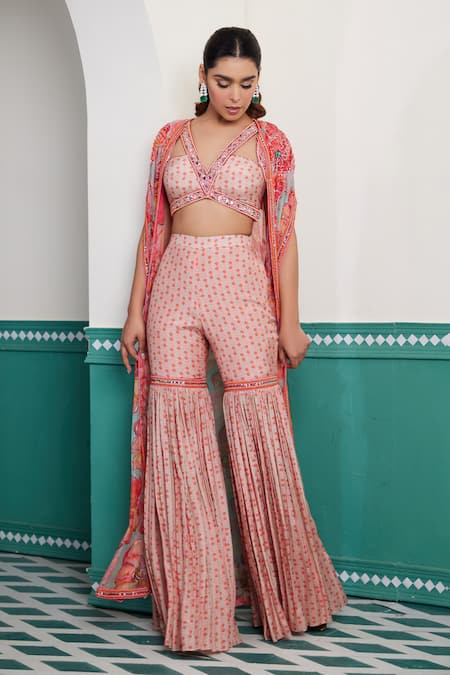 Dheeru Taneja Pink Muslin, Silk, Organza Beads, Pearls Gulbahar Floral Print Cape Sharara Set Online at Aza Fashions Dheeru Taneja_Pink Muslin, Silk, Organza Beads, Pearls Gulbahar Floral Print Cape Sharara Set _Online_at_Aza_Fashions