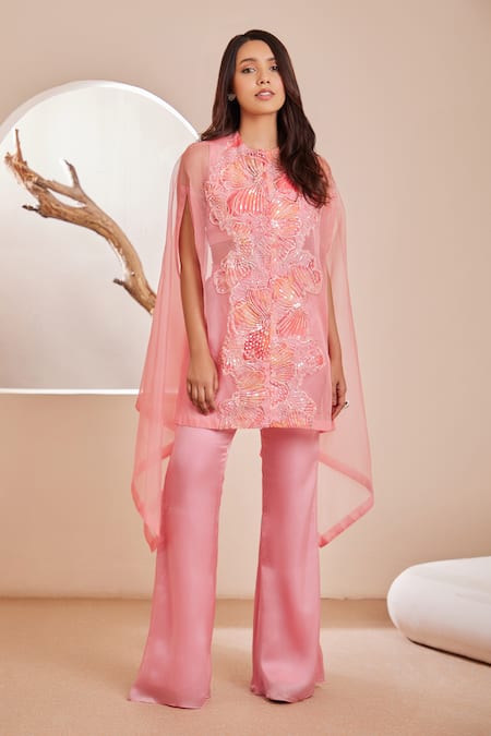 Dheeru Taneja Multi Color Organza Embroidered Cutdana Round Gulmair Floral Cape Pant Set 