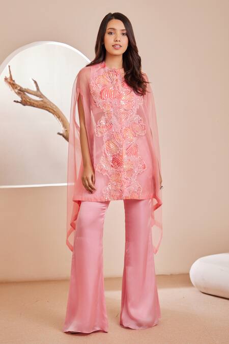 Dheeru Taneja_Multi Color Satin, Organza, Linen Cut Gulmair Floral Embroidered Cape Pant Set _Online_at_Aza_Fashions