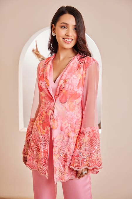 Dheeru Taneja Multi Color Organza, Satin Beads, Saisha Floral Print Embroidered Tunic Set Online at Aza Fashions Dheeru Taneja_Multi Color Organza, Satin Beads, Saisha Floral Print Embroidered Tunic Set _Online_at_Aza_Fashions