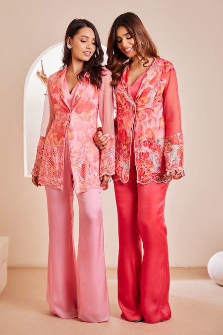 Shop Dheeru Taneja Multi Color Organza, Satin Beads, Saisha Floral Print Embroidered Tunic Set Online at Aza Fashions Shop_Dheeru Taneja_Multi Color Organza, Satin Beads, Saisha Floral Print Embroidered Tunic Set _Online_at_Aza_Fashions