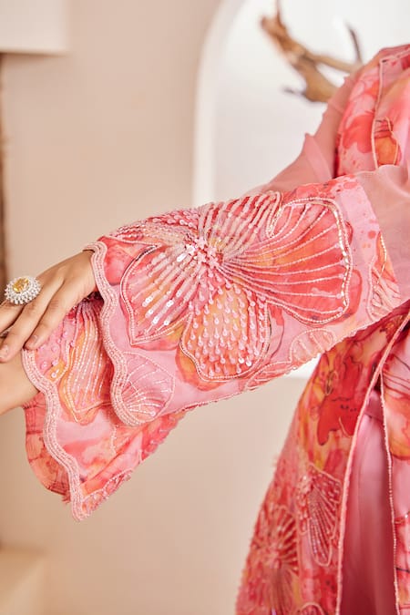 Dheeru Taneja Multi Color Organza, Satin Beads, Saisha Floral Print Embroidered Tunic Set at Aza Fashions Dheeru Taneja_Multi Color Organza, Satin Beads, Saisha Floral Print Embroidered Tunic Set _at_Aza_Fashions