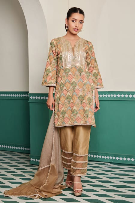 Dheeru Taneja Multi Color Chiffon Embroidered Bead Notched Swarn Tunic Pant Set 