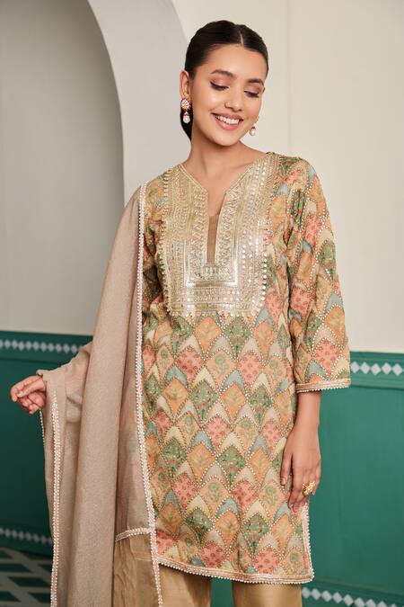 Buy_Dheeru Taneja_Multi Color Organza, Chiffon, Satin Gota Patti, Beads, Swarn Tunic Pant Set _Online_at_Aza_Fashions