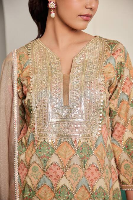 Shop_Dheeru Taneja_Multi Color Organza, Chiffon, Satin Gota Patti, Beads, Swarn Tunic Pant Set _Online_at_Aza_Fashions