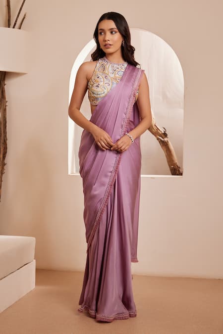 Dheeru Taneja_Purple Silk, Satin, Net Beads, Summaya Pre-draped Saree With Embroidered Blouse _Online_at_Aza_Fashions