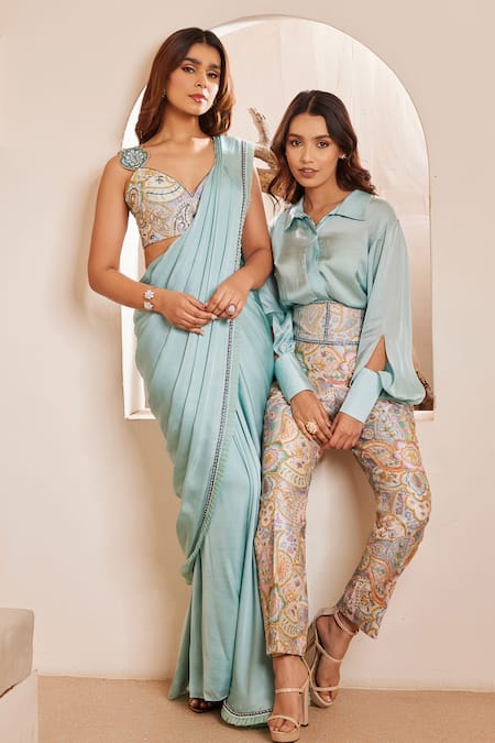 Shop_Dheeru Taneja_Blue Silk, Satin Crystals, Cut Asma Pre-draped Saree With Embroidered Blouse _Online_at_Aza_Fashions