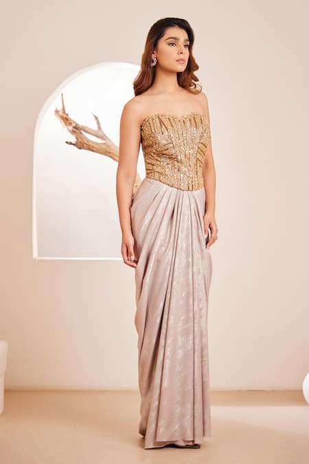 Dheeru Taneja Gold Satin, Linen Crystals, Cut Work, Beads, Embroidered Draped Saree Gown Online at Aza Fashions Dheeru Taneja_Gold Satin, Linen Crystals, Cut Work, Beads, Embroidered Draped Saree Gown _Online_at_Aza_Fashions