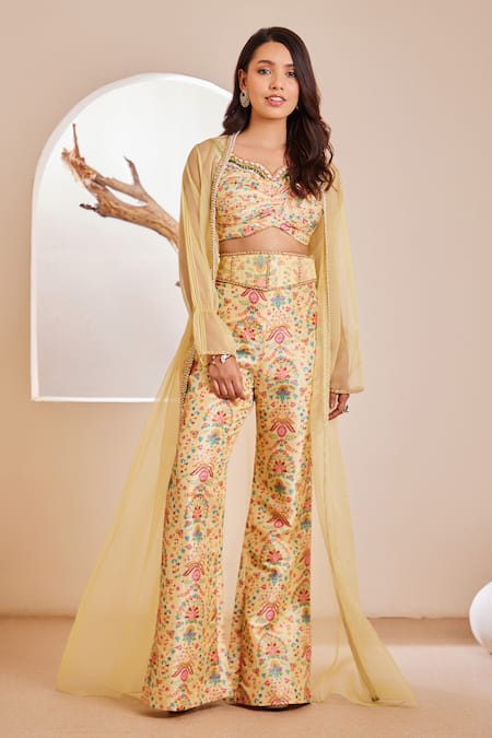 Dheeru Taneja Yellow Raw Silk Embroidered Cutdana Sweetheart Mehr Embellished Cape Pant Set 