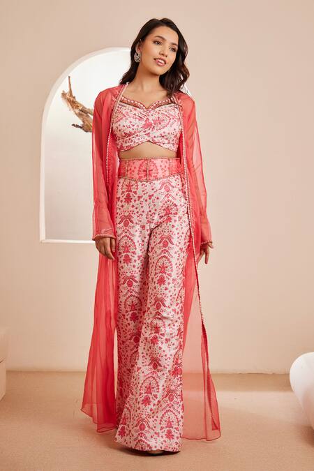 Dheeru Taneja Pink Silk Beads, Crystals, Cut Work Gulmehr Embellished Long Cape Pant Set Online at Aza Fashions Dheeru Taneja_Pink Silk Beads, Crystals, Cut Work Gulmehr Embellished Long Cape Pant Set _Online_at_Aza_Fashions