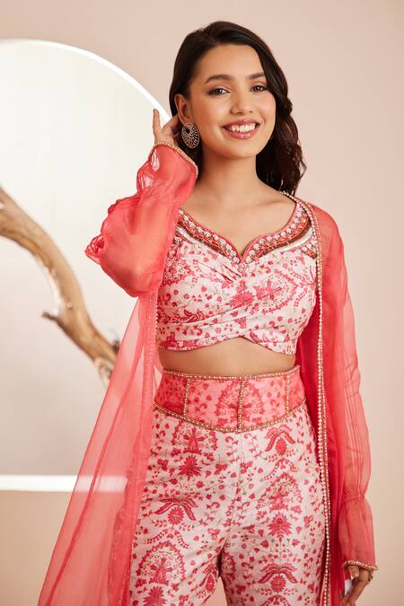 Shop Dheeru Taneja Pink Silk Beads, Crystals, Cut Work Gulmehr Embellished Long Cape Pant Set Online at Aza Fashions Shop_Dheeru Taneja_Pink Silk Beads, Crystals, Cut Work Gulmehr Embellished Long Cape Pant Set _Online_at_Aza_Fashions