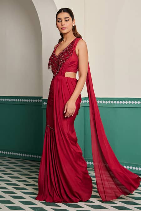 Dheeru Taneja Embroidered Red Pre-Draped Saree Set 