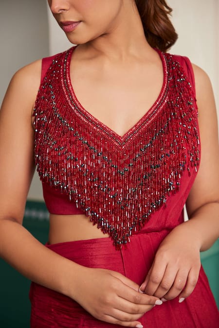 Buy_Dheeru Taneja_Red Net Crystals, Pearls V-neck Embroidered Pre-draped Saree Set _Online_at_Aza_Fashions