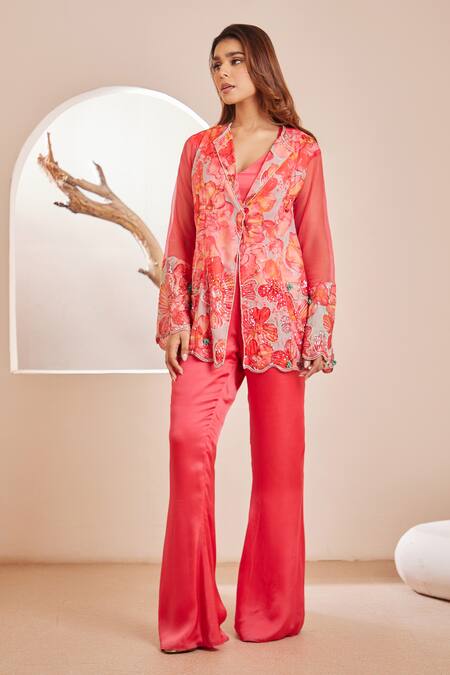 Shop_Dheeru Taneja_Multi Color Organza, Satin, Linen Saasha Floral Print Embroidered Tunic Set _Online_at_Aza_Fashions