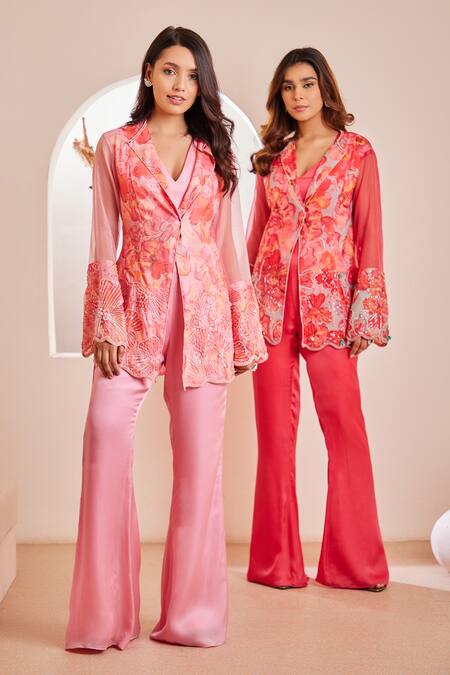 Dheeru Taneja_Multi Color Organza, Satin, Linen Saasha Floral Print Embroidered Tunic Set _at_Aza_Fashions