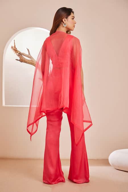 Shop_Dheeru Taneja_Pink Satin, Linen Cut Work, Beads, Pearls, Crystals Gulaabi Floral Cape Pant Set _at_Aza_Fashions