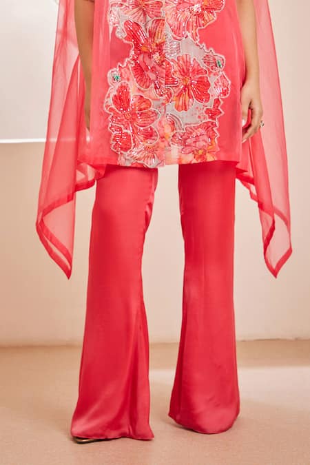 Dheeru Taneja_Pink Satin, Linen Cut Work, Beads, Pearls, Crystals Gulaabi Floral Cape Pant Set _Online_at_Aza_Fashions