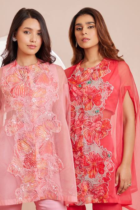 Shop_Dheeru Taneja_Pink Satin, Linen Cut Work, Beads, Pearls, Crystals Gulaabi Floral Cape Pant Set _Online_at_Aza_Fashions