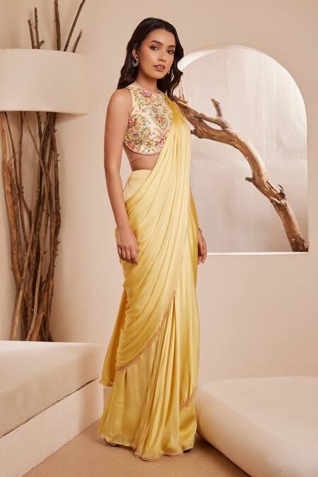 Dheeru Taneja Yellow Satin, Net, Silk Embroidery, Alnaz Pre-draped Saree With Blouse Online at Aza Fashions Dheeru Taneja_Yellow Satin, Net, Silk Embroidery, Alnaz Pre-draped Saree With Blouse _Online_at_Aza_Fashions