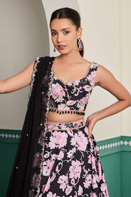Dheeru Taneja Black Georgette, Silk Crystals, Cut Saanj Floral Print Embroidered Lehenga Set Online at Aza Fashions Dheeru Taneja_Black Georgette, Silk Crystals, Cut Saanj Floral Print Embroidered Lehenga Set _Online_at_Aza_Fashions