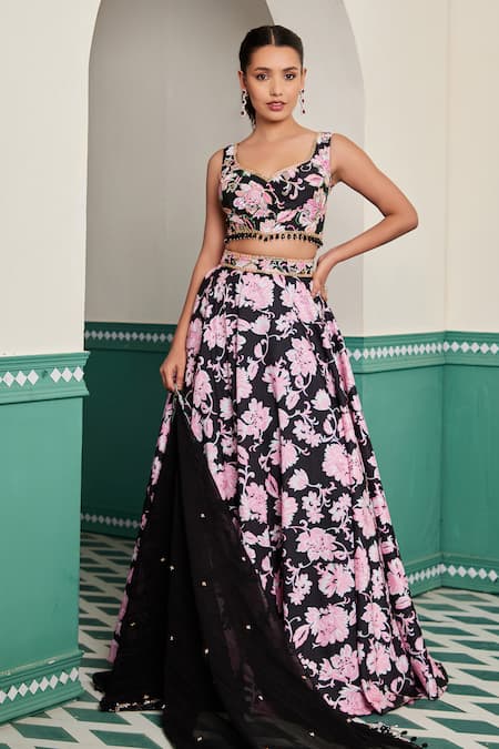 Buy Dheeru Taneja Black Georgette, Silk Crystals, Cut Saanj Floral Print Embroidered Lehenga Set Online at Aza Fashions Buy_Dheeru Taneja_Black Georgette, Silk Crystals, Cut Saanj Floral Print Embroidered Lehenga Set _Online_at_Aza_Fashions