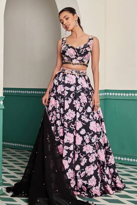 Shop Dheeru Taneja Black Georgette, Silk Crystals, Cut Saanj Floral Print Embroidered Lehenga Set Online at Aza Fashions Shop_Dheeru Taneja_Black Georgette, Silk Crystals, Cut Saanj Floral Print Embroidered Lehenga Set _Online_at_Aza_Fashions