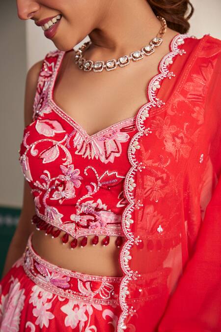 Dheeru Taneja_Red Silk, Linen, Georgette Crystals, Cut Work, Miraya Floral Print Lehenga Set _Online_at_Aza_Fashions