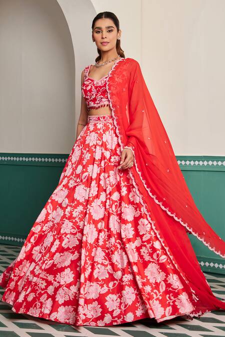 Buy_Dheeru Taneja_Red Silk, Linen, Georgette Crystals, Cut Work, Miraya Floral Print Lehenga Set _Online_at_Aza_Fashions
