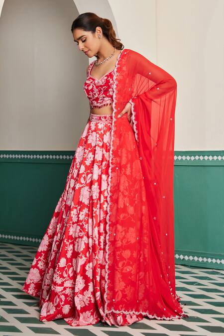 Shop_Dheeru Taneja_Red Silk, Linen, Georgette Crystals, Cut Work, Miraya Floral Print Lehenga Set _Online_at_Aza_Fashions