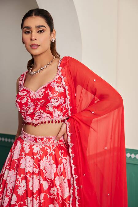 Dheeru Taneja_Red Silk, Linen, Georgette Crystals, Cut Work, Miraya Floral Print Lehenga Set _at_Aza_Fashions