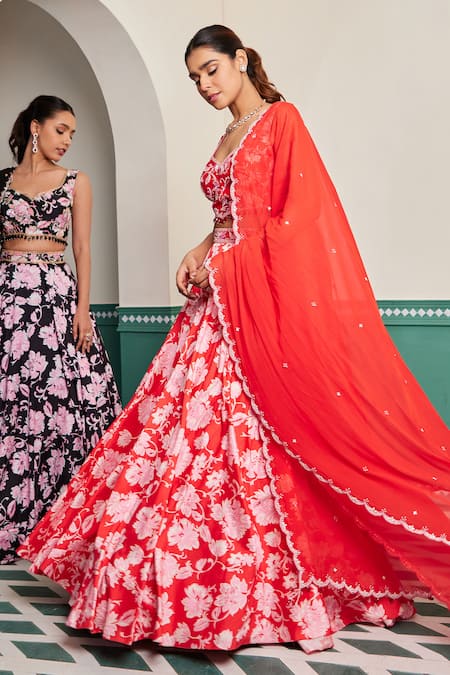 Buy_Dheeru Taneja_Red Silk, Linen, Georgette Crystals, Cut Work, Miraya Floral Print Lehenga Set 