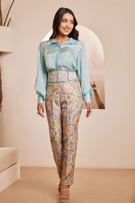 Dheeru Taneja Zaena Plain Shirt & Printed Pant Set 