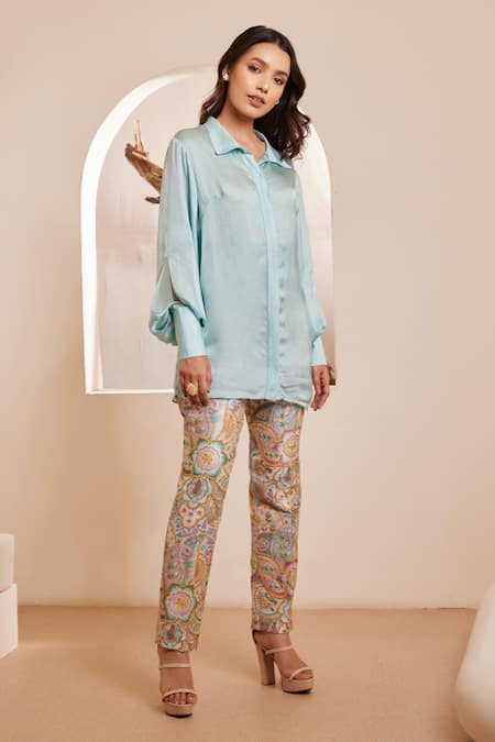 Dheeru Taneja Blue Satin, Silk Embroidery Collared Zaena Plain Shirt And Printed Pant Set Online at Aza Fashions Dheeru Taneja_Blue Satin, Silk Embroidery Collared Zaena Plain Shirt And Printed Pant Set _Online_at_Aza_Fashions