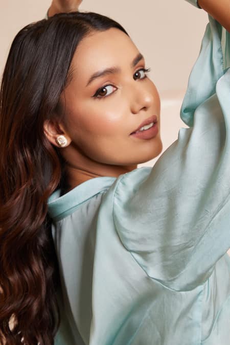 Shop Dheeru Taneja Blue Satin, Silk Embroidery Collared Zaena Plain Shirt And Printed Pant Set Online at Aza Fashions Shop_Dheeru Taneja_Blue Satin, Silk Embroidery Collared Zaena Plain Shirt And Printed Pant Set _Online_at_Aza_Fashions