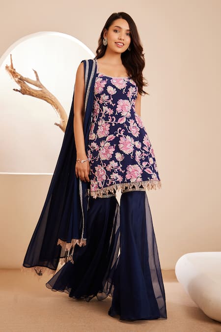 Dheeru Taneja Blue Crepe Printed Floral Scoop Mira Embroidered Kurta Sharara Set 