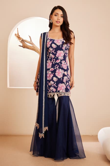 Dheeru Taneja Mira Floral Print Embroidered Kurta Sharara Set 