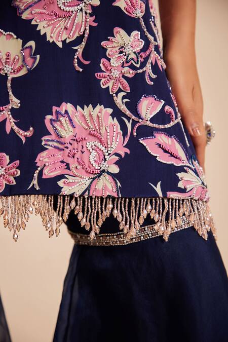 Buy Dheeru Taneja Blue Crepe, Georgette, Linen Mira Floral Print Embroidered Kurta Sharara Set Online at Aza Fashions Buy_Dheeru Taneja_Blue Crepe, Georgette, Linen Mira Floral Print Embroidered Kurta Sharara Set _Online_at_Aza_Fashions