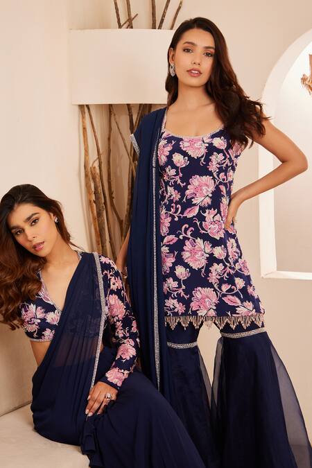 Shop Dheeru Taneja Blue Crepe, Georgette, Linen Mira Floral Print Embroidered Kurta Sharara Set Online at Aza Fashions Shop_Dheeru Taneja_Blue Crepe, Georgette, Linen Mira Floral Print Embroidered Kurta Sharara Set _Online_at_Aza_Fashions